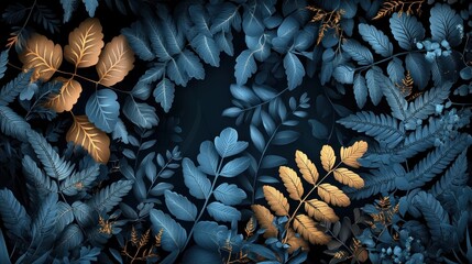 Obraz premium Dark Teal & Gold Foliage Pattern