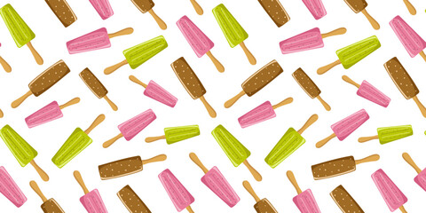Ice cream, chocolate and fruit pattern. Summer cold, frozen juice, berry, fruit ice, food. Color illustration, cool dessert. Repeating background.