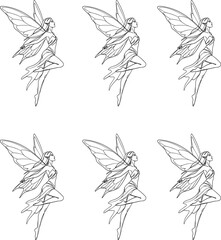 Set of black and white Fairy. Silhouette line art flying fairy vector illustration. 