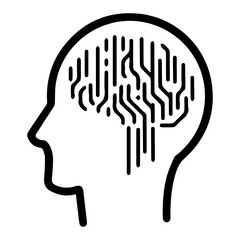Profile outline of a head containing lines forming a stylized brain with circuit-like connections. Symbolizing artificial intelligence, neural networks, advanced technology. Black and white graphic