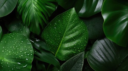Fototapeta premium Lush green tropical leaves, water droplets
