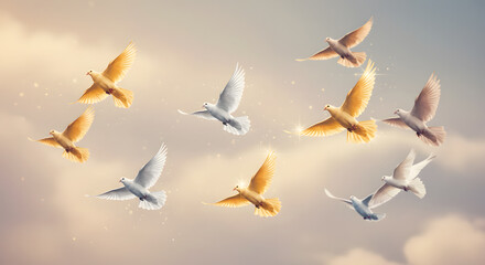Obraz premium Celestial Flight: A Symphony of Golden and White Doves Soaring Through a Serene Sky