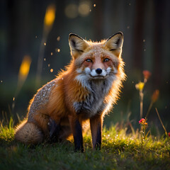 Fototapeta premium A Striking Red Fox with Bushy Tail and Alert Eyes Seated Amongst Dew-Kissed Green Grass and Wildflowers Under the Soft Glow of Early Morning Sunlight