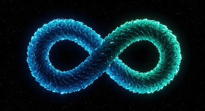 Glowing Infinity Symbol Created From Geometric Crystal Pieces With Cosmic Background