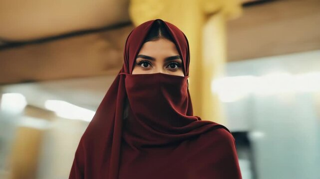 Portrait of a Young Muslim Woman in Niqab and Hijab Looking at Camera
