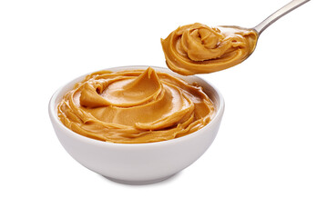 Delicious and Creamy Peanut Butter served in a Bowl accompanied by a Spoon for enjoyment