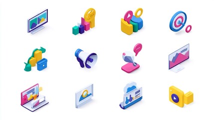 Isometric Digital Marketing and Social Media Icons Set for Business Solutions