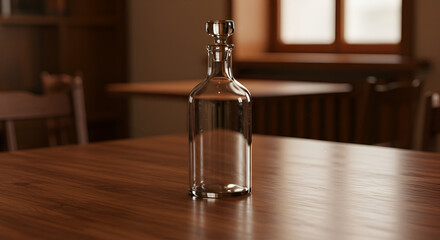 Elegant Glass Decanter On A Wooden Table In A Soft Light Setting