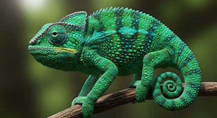 Obraz premium A Vibrant Green Chameleon Perched on a Branch