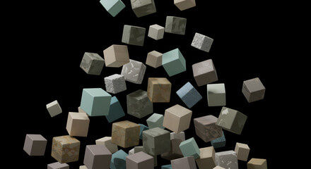 Abstract Composition With Falling Textured And Plain Geometric 3D Cubes On Black