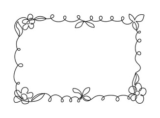 Simple frame, plant border. Flowers, leaves, spirals, lines, curls. Abstract ornament. Drawing, line art. Banner, a place for text. White isolated background.