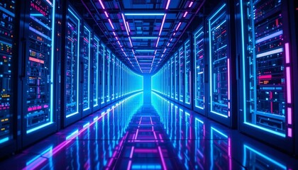 Fototapeta premium Futuristic Data Stream in Server Room with Neon Light Trails and Digital Technology.