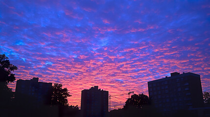Fototapeta premium stunning sunset with vibrant colors illuminating sky, silhouetting buildings