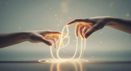 Hands Touching with Glowing Light Strands for Connection and Technology Concept