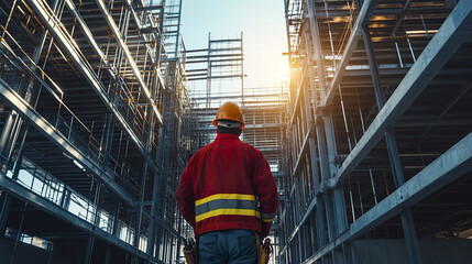 construction worker observes high rise site with exposed steel beams, showcasing progress