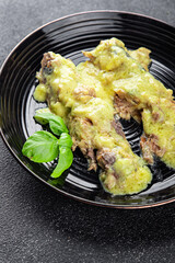 Mackerel mustard sauce canned food fish fillet seafood natural food dish organic product fresh tasty gourmet food background on the table rustic food top view copy space keto paleo pescetarian diet