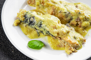 Mackerel mustard sauce canned food fish fillet seafood natural food dish organic product fresh tasty gourmet food background on the table rustic food top view copy space keto paleo pescetarian diet