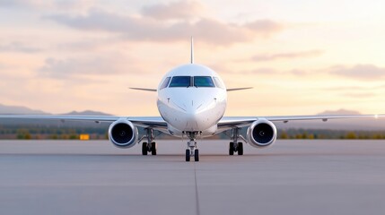 White jetliner on tarmac at sunset.  A sleek, modern passenger jet stands on a light-grey runway, ready for takeoff, against a backdrop of soft, pastel colors at sunrise or sunset.