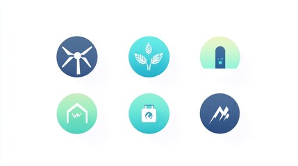 Naklejka premium Sustainable Energy Icons Wind, Crops, Geothermal, Home, Package, Mountains