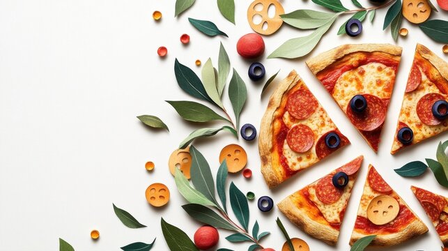 Colorful Pizza Slices Surrounded by Decorative Leaves and Fun Emoji Faces on Neutral Background