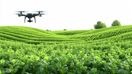 A drone surveying lush green fields of crops under a clear sky, showcasing agricultural technology