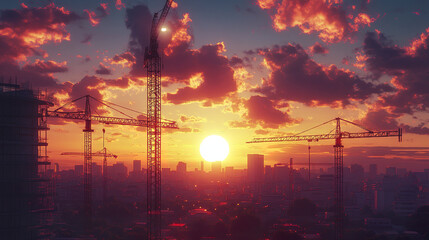 stunning sunset over city skyline with construction cranes silhouetted against vibrant sky
