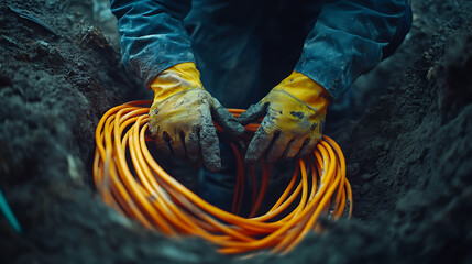 Worker Handling Orange Cable in Trench