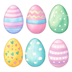 Six decorated easter eggs in pastel colors with various patterns and designs.