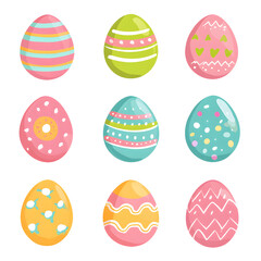 Nine colorful decorated easter eggs arranged on a white background.
