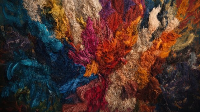 A vibrant explosion of dyed chicken feathers in a chaotic, energetic composition