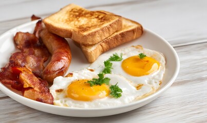 Classic Western Breakfast, Fried eggs, bacon, sausage with toast, Generative AI