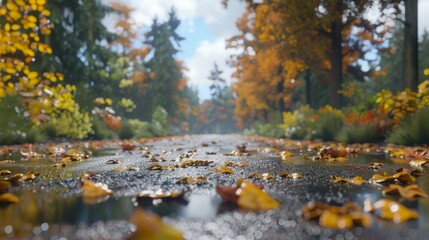 Fototapeta premium Autumn Road, Wet Asphalt with Fallen Leaves, Trees with Golden Foliage on Side, Cloudy Sky
