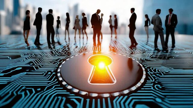 Digital Fortress: Conceptual visual of cybersecurity with silhouettes of professionals gathered around a glowing keyhole, symbolizing access, protection, and safeguarding sensitive data.