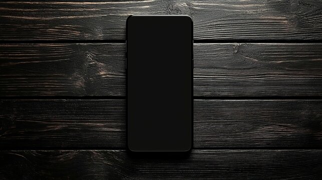 Close-Up Top View of a Modern Smartphone on a Textured Black Wood Table - Blank Screen with Ample Copy Space