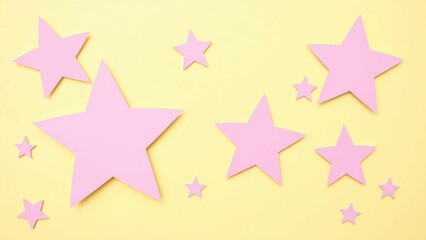 Obraz premium Verspieltes Design aus rosa ausgeschnittenen Sternen auf leuchtend gelbem Hintergrund, freundlicher und moderner Look.