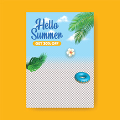 Editable print flyer or poster for summer sale, tropical summer beach pool party a4 size vertical poster design with tropical summer vector background, summer Holiday and tour poster or flyer