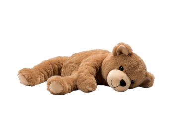 A soft brown teddy bear lying down with a  in a close up shot transparent background png