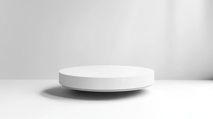 A modern white circular device resting on a minimalist white surface, sleek design in a bright and clean studio setting, and technology concept.