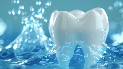 Clean White Tooth In Water Splash On Blue Background With Copy Space. Dental Health Concept.