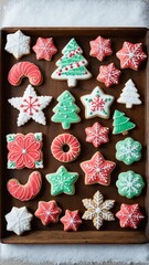 Festive Array: A Collection of Holiday Sugar Cookies in a Wooden Tray, Perfect for Sharing and Spreading Christmas Cheer.