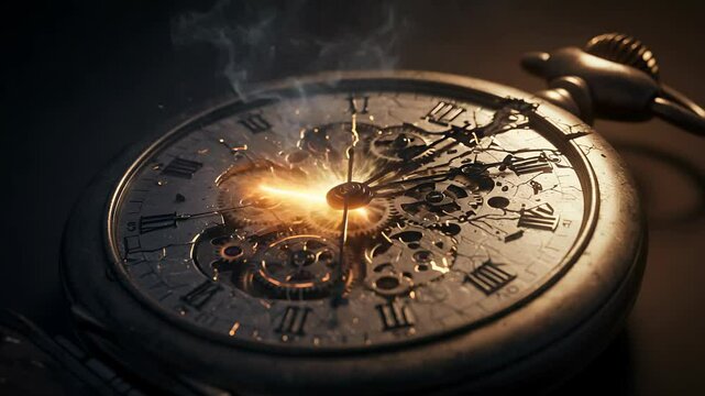 Vintage Pocket Watch with Broken Face Sparking and Smoking Detail