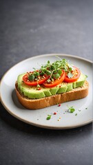 Vibrant Avocado Toast Delight: A Fresh, Healthy Meal Topped with Juicy Tomatoes and Delicate Microgreens on Grain Bread.