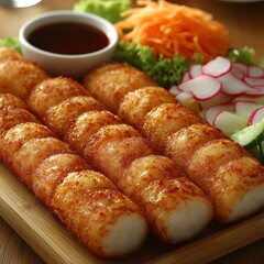 Crispy breaded seafood sticks served with fresh salad and dipping sauce
