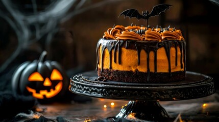 Homemade Halloween Cake Festive Dessert Concept with Seasonal Decor