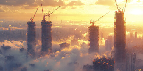 Fototapeta premium Construction zone with cranes and buildings under sunset sky, creating dramatic atmosphere
