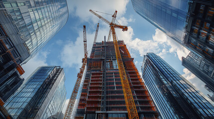 Fototapeta premium low angle view of high rise buildings construction, showcasing cranes and modern architecture