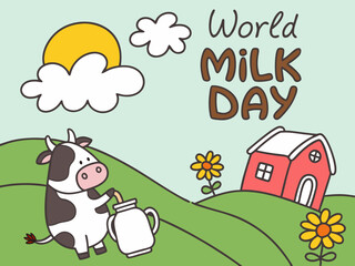 World Milk Day with Cow and Barn Cartoon Illustration.