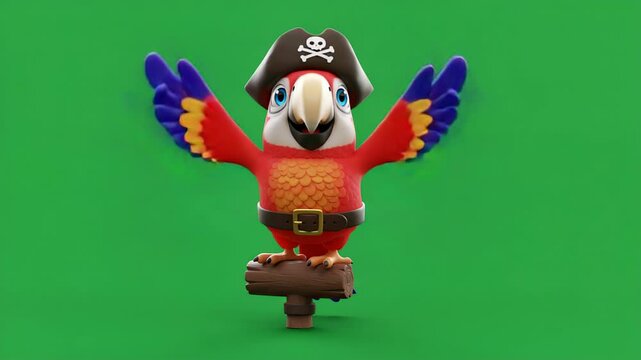 Cartoon Parrot Wearing Pirate Hat Standing on Wooden Perch Animation