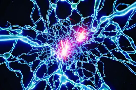 Travel through a network of neuron cells within the brain, presented by Tecno Blue in a loopable format, where flying across a neuronal network reveals electric impulses passing by, including a