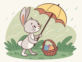 Easter Bunny with Umbrella and Egg Basket in Rain Illustration.